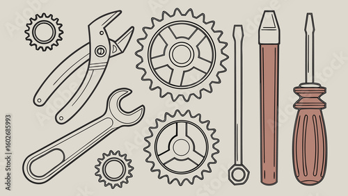 Illustration displaying an assortment of mechanical tools including gears, wrenches, and screwdrivers nicely