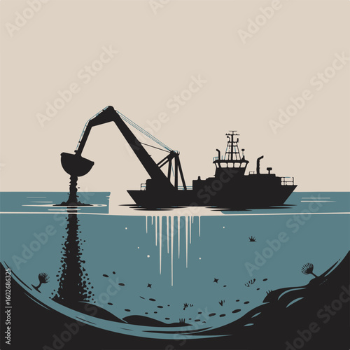 Black silhouette of a dredger scooping mud from the seabed in a minimalistic vector style dredging operation