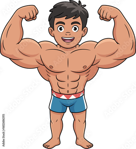 muscular man flexing biceps, vector illustration of a strong happy bodybuilder isolated on white.