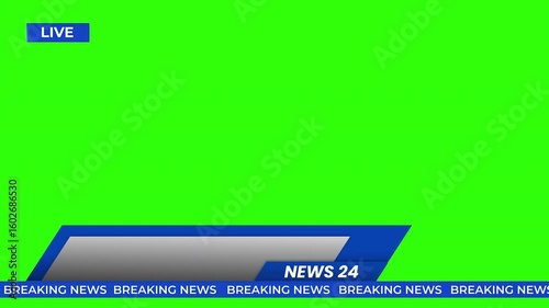 Breaking News - Lower third live breaking news background green screen and seamless looping ticker with blank text boxes.	
