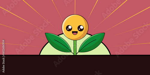 Sunrise shining on a young plant in a pot in pink background vector illustration.
