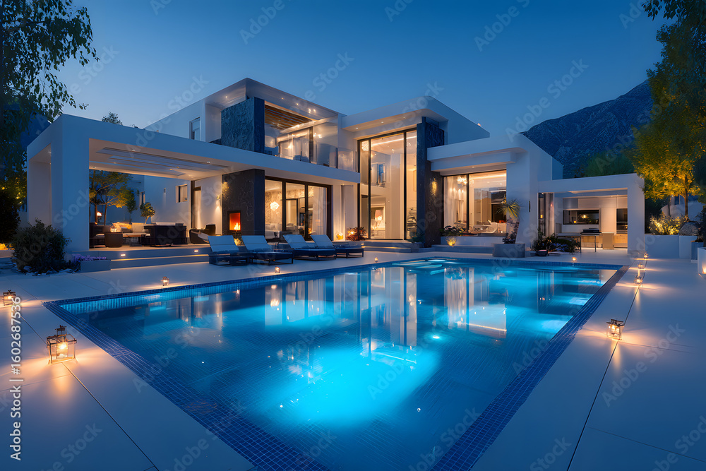 Fototapeta premium Modern luxury home exterior with swimming pool at dusk