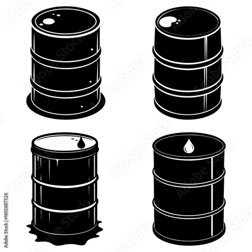 Four black and white oil drums are displayed in a grid pattern on a plain white background image here