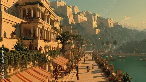 ancient Babylon city at dawn golden morning light hanging gardens visible in the background bustling clay street with people setting up stalls cinematic wide shot warm color grading soft shadows mist