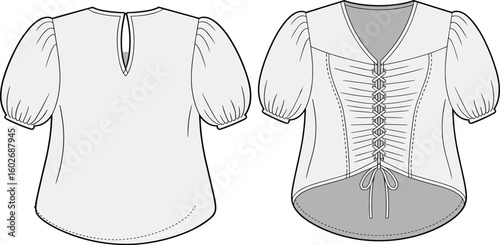  Stylish Women's Puff Sleeve Blouse with Front Lacing Detail and Back Keyhole Opening, Fashion Design Flat Sketch Illustration