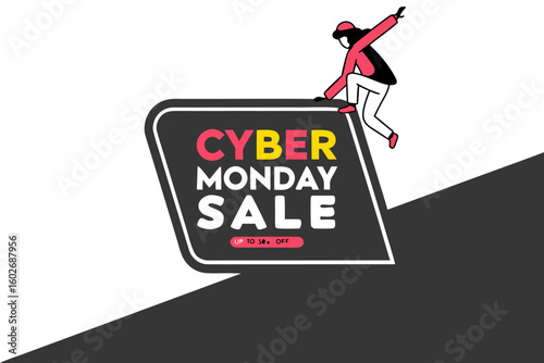 Person climbing over a cyber monday sale banner with pink and yellow text on a dark gray background design
