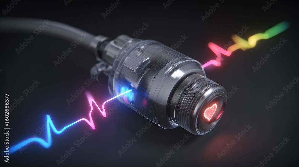 Fototapeta premium Digital rendering of heartbeat sensor bulb emitting colorful waveforms of biometric data