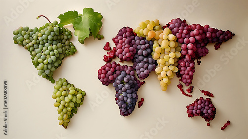 World map made of grapes. Creative concept of global agriculture and wine market, trade and consumption