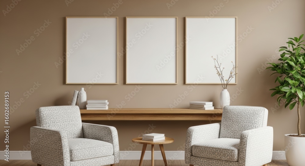 Fototapeta premium Stylishly Designed Living Room Featuring Elegant Armchairs, Minimalist Decor, and Warm Tones