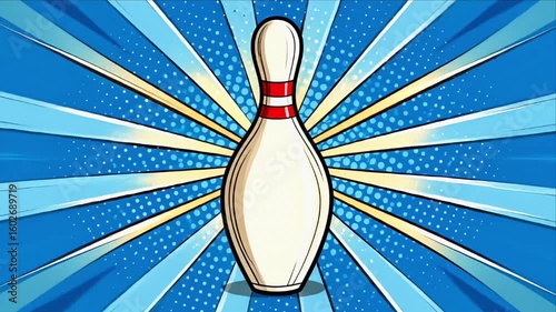 A stylized illustration of a bowling pin against a radial blue burst