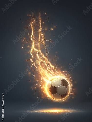 A soccer ball engulfed in fiery, electric streaks, descends against a dark grey backdrop, leaving a luminous trail