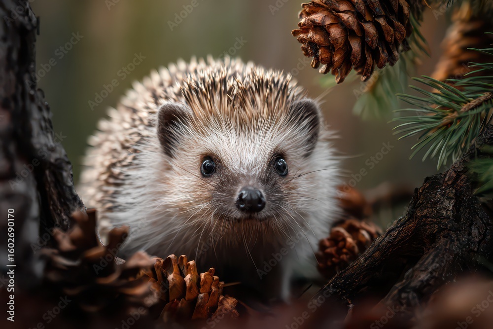Fototapeta premium Hedgehog displays a shy expression among pine cones and trees in a serene forest setting during the early morning hours
