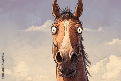 Confused horse expressing emotions against a serene background showcasing clouds and a blue sky