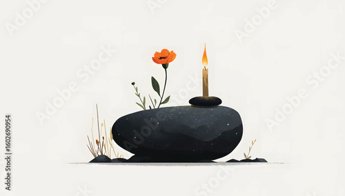 A black rock slab, on top of the stone is an orange flower, and next to it stands a tall candle with a burning flame