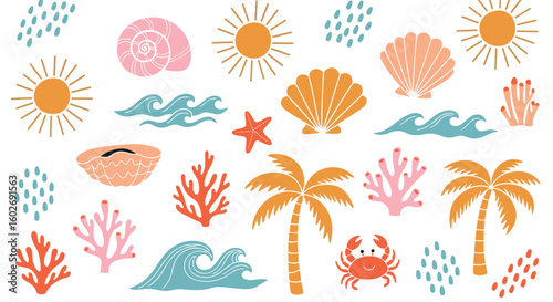 Hand drawn Summer vintage sticker set. Boho palm tree, sun and sea, seashells, coral, crab in naive groovy style.