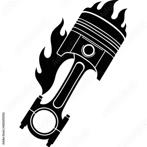 A stylized black and white illustration of a piston with flames emanating from the top of the piston head silhouette