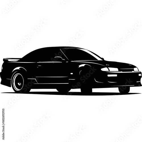 A sleek black sports car illustration showcasing a side view on a clean white background with sharp details silhouette