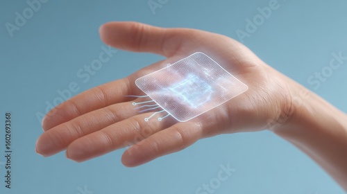 Medical sensor patch displayed with holographic UI for health tracking, placed on sterile blue background