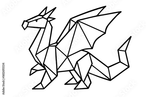 Geometric Origami Dragon Isolated Vector Coloring Page