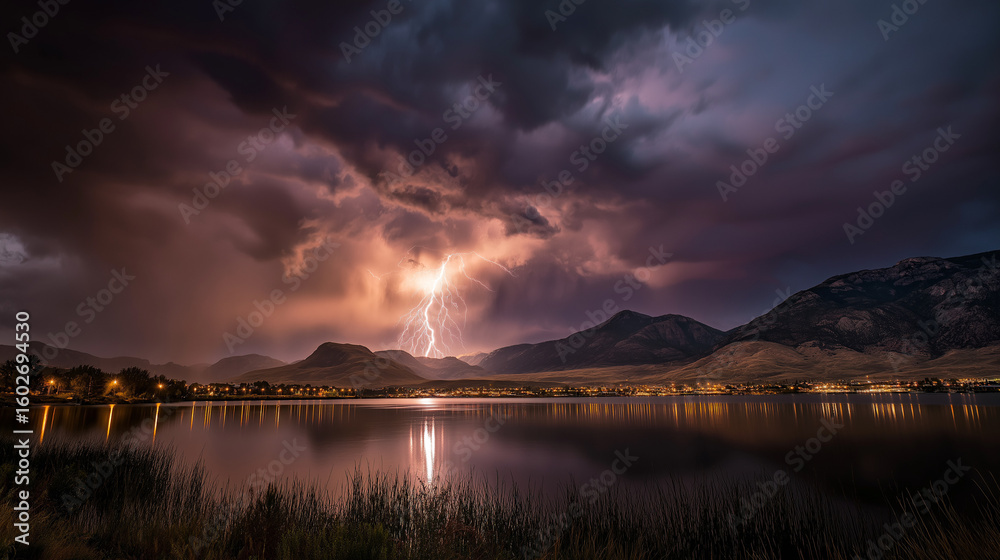 Obraz premium Lightning storm over a lake with mountains in background, vivid sky, HDR photography