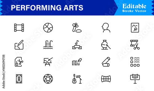 Performing Arts Professional Minimal line icon set – Modern outline symbols of theater masks, ballet shoes, music notes, stage curtains, orchestra, dance, drama