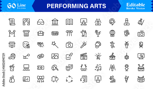 Performing Arts Professional Minimal line icon set – Modern outline symbols of theater masks, ballet shoes, music notes, stage curtains, orchestra, dance, drama