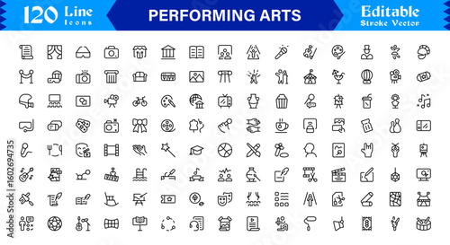 Performing Arts Professional Minimal line icon set – Modern outline symbols of theater masks, ballet shoes, music notes, stage curtains, orchestra, dance, drama