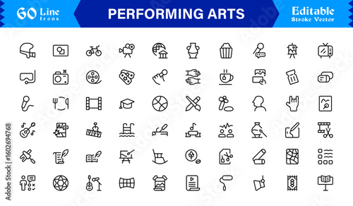 Performing Arts Professional Minimal line icon set – Modern outline symbols of theater masks, ballet shoes, music notes, stage curtains, orchestra, dance, drama