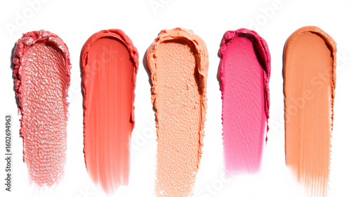 Five colorful makeup swatches on a white background