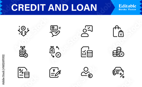 Credit Loan Finance Essentials—Professional Minimal line icon set featuring Banking, Lending, Mortgage, Debt, Interest, Payment, Wallet, Dollar, Budget, Capital