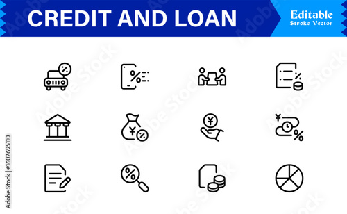 Credit Loan Finance Essentials—Professional Minimal line icon set featuring Banking, Lending, Mortgage, Debt, Interest, Payment, Wallet, Dollar, Budget, Capital