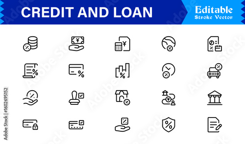 Credit Loan Finance Essentials—Professional Minimal line icon set featuring Banking, Lending, Mortgage, Debt, Interest, Payment, Wallet, Dollar, Budget, Capital