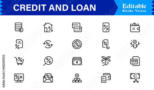 Credit Loan Finance Essentials—Professional Minimal line icon set featuring Banking, Lending, Mortgage, Debt, Interest, Payment, Wallet, Dollar, Budget, Capital