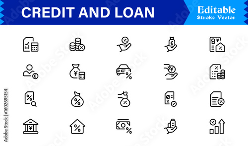 Credit Loan Finance Essentials—Professional Minimal line icon set featuring Banking, Lending, Mortgage, Debt, Interest, Payment, Wallet, Dollar, Budget, Capital