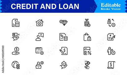 Credit Loan Finance Essentials—Professional Minimal line icon set featuring Banking, Lending, Mortgage, Debt, Interest, Payment, Wallet, Dollar, Budget, Capital