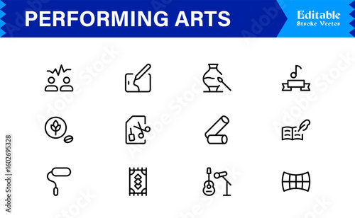 Performing Arts Professional Minimal line icon set – Modern outline symbols of theater masks, ballet shoes, music notes, stage curtains, orchestra, dance, drama