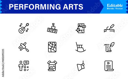 Performing Arts Professional Minimal line icon set – Modern outline symbols of theater masks, ballet shoes, music notes, stage curtains, orchestra, dance, drama