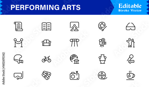 Performing Arts Professional Minimal line icon set – Modern outline symbols of theater masks, ballet shoes, music notes, stage curtains, orchestra, dance, drama