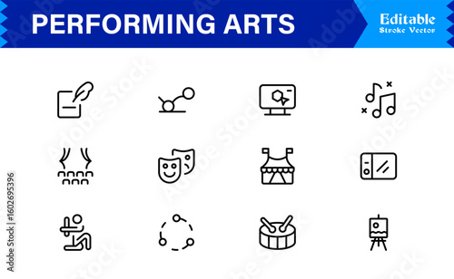 Performing Arts Professional Minimal line icon set – Modern outline symbols of theater masks, ballet shoes, music notes, stage curtains, orchestra, dance, drama