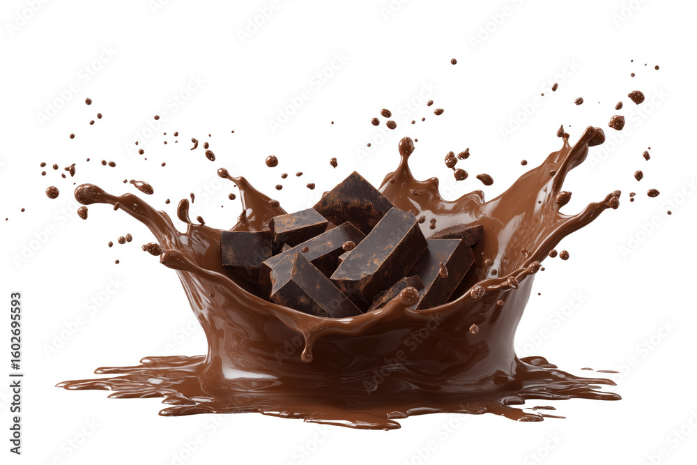 Fototapeta premium Dark chocolate chunks splashing in rich liquid chocolate isolated on a transparent background image