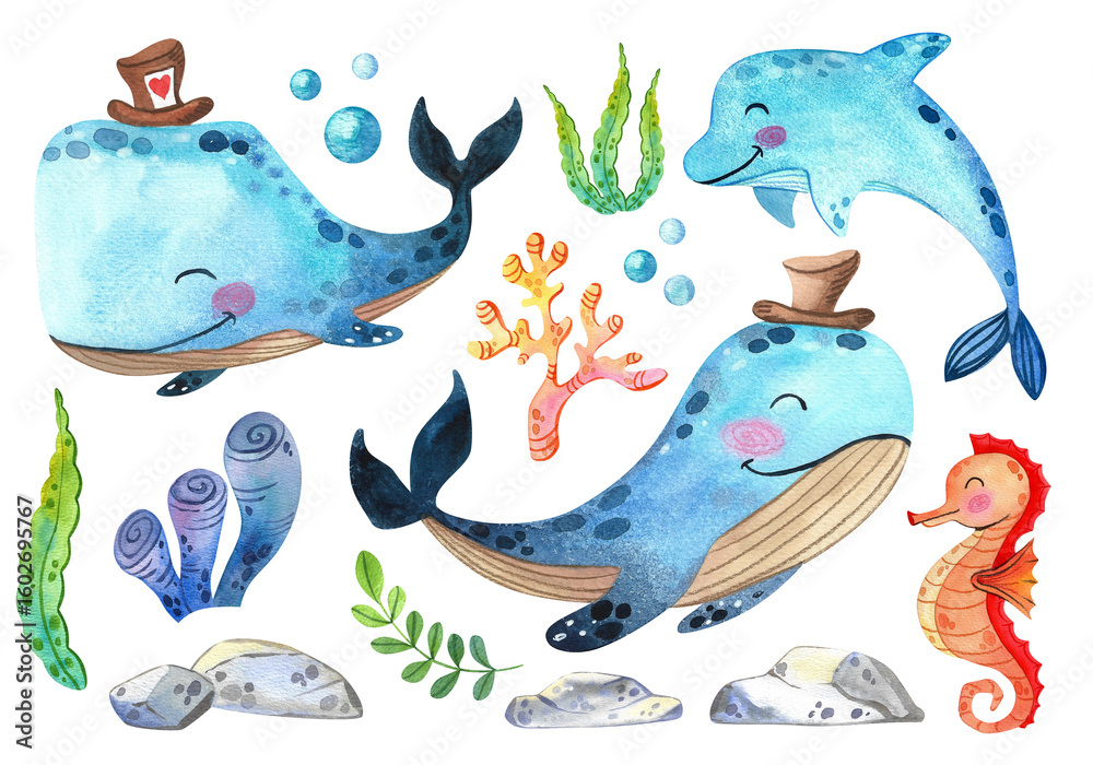 Fototapeta premium Watercolor illustration with cute underwater animals. Set with corals, dolphin, whales, sea plants. Perfect for children's parties, greeting cards, kindergartens, invitations, birthdays and parties.