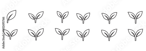 Leaf sprout icon vector set, green leaves plant eco logo symbol simple graphic illustration set, vegan fresh herb pictogram shape sign, organic natural healthy logotype image clip art