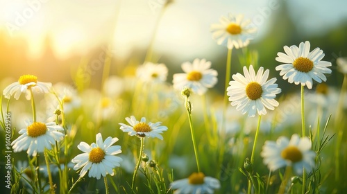 Spring camomile flower meadow at day. Nature landscape composition.