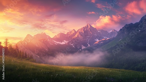 Sunset landscape with green grass meadow, high peaks and foggy valley under vibrant colorful evening sky in rocky mountains.