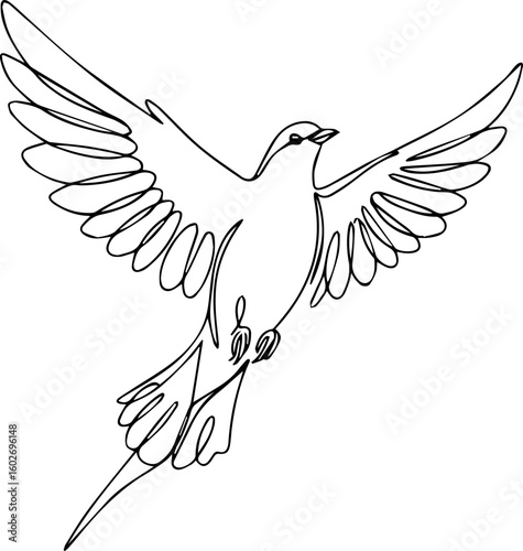 Single line drawing of a dove in flight with wings spread, symbolizing peace and freedom.