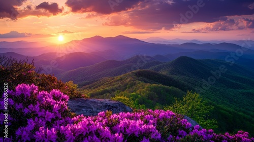 The Great Craggy Mountains along the Blue Ridge Parkway in North Carolina, USA with Catawba Rhododendron during a spring season sunset.