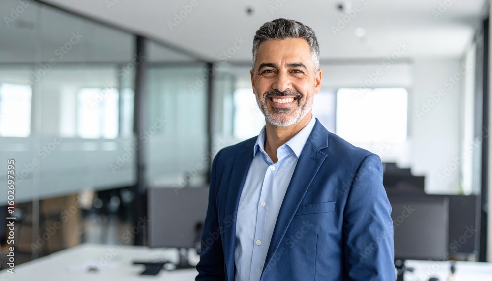 A confident middle-aged man in a blue suit smiling in a modern office setting with bright natural light. A confident middle-aged man in a blue suit smiling in a modern office setting with bright natural light.
