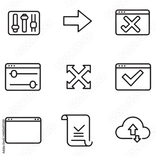 Collection of simple vector icons representing interface elements and functionality