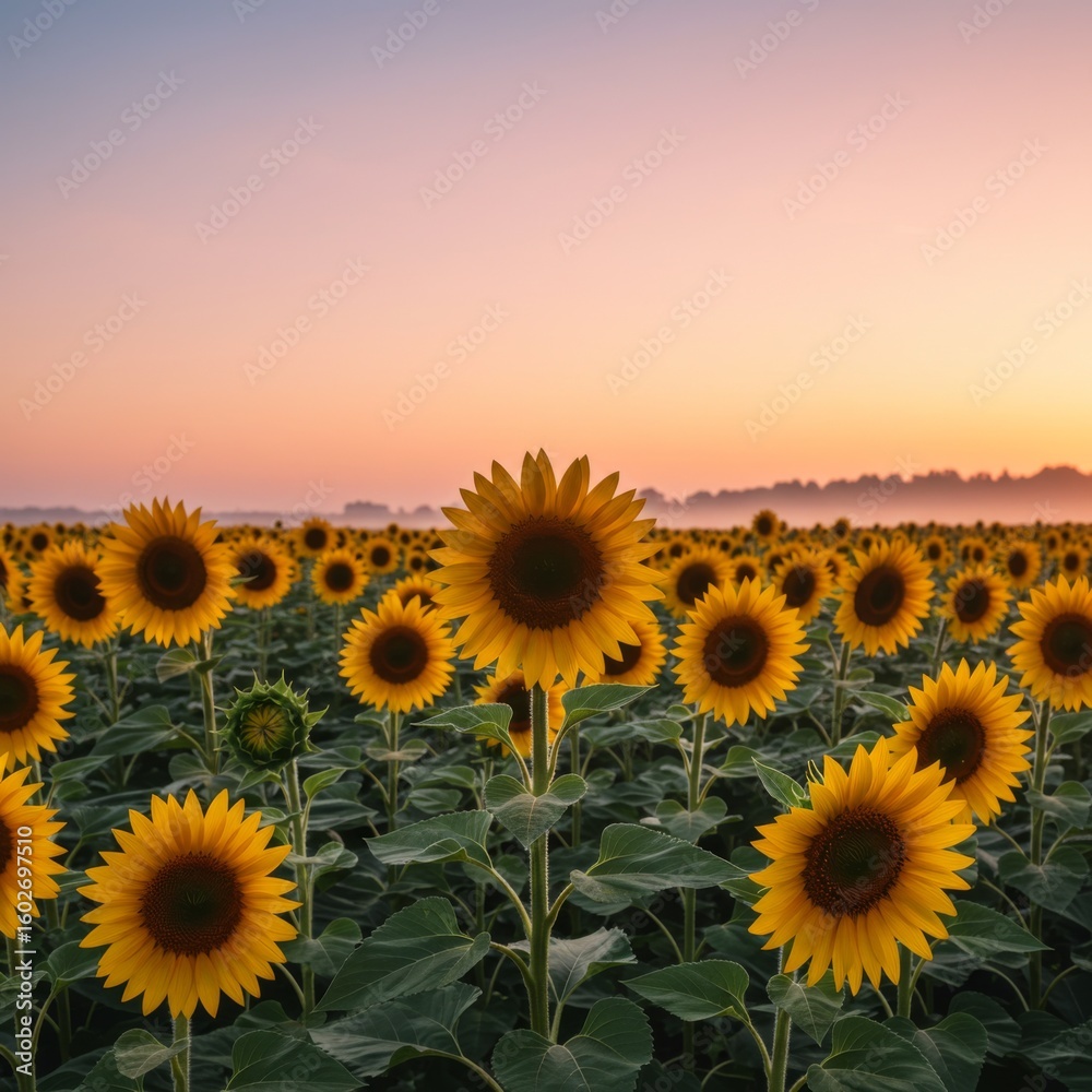 Fototapeta premium Sunflowers Field at Sunrise: Vibrant Yellow Flowers in a Scenic Landscape
