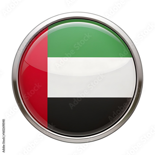 Glossy 3 D circular button icon featuring the United Arab Emirates flag with a metallic silver border isolated on a transparent background Free Download Glossy 3 D circular button icon featuring the United Arab Emirates flag with a metallic silver border isolated on a transparent background - GFXLoad